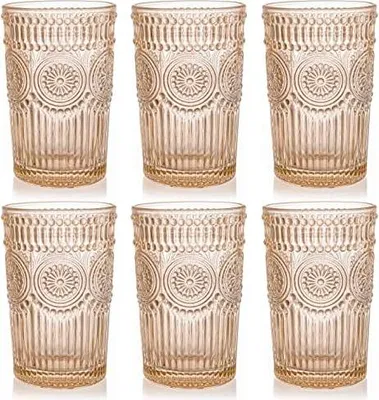 Produktbild von Kingrol 6 Stück 350ml Farbige Trinkgläser, 12oz Premium Glasgeschirrset für Wasser, Saft, Getränke, Cocktails - Romantisches Prägedesign