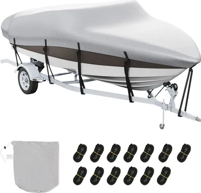 Produktbild von SucceBuy Bootsabdeckung, 5180-5790 mm, trailerbar, wasserdicht, 600D PolyurethanOxford in Marinequalität, inkl. Motorabdeckung und Schnallenriemen für V-Rumpf, Tri-Hull,Fischski, Runabout, Bassboote, grau
