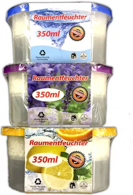 A stack of three packaged air dehumidifiers with different scents.