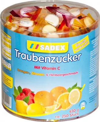 Produktbild von Sadex Traubenzucker Dose einzelverpackte Bonbons mit Vitamin C 650g