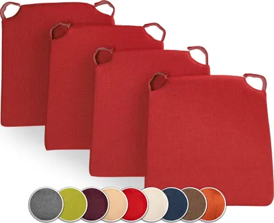 A set of four red chair cushions are arranged diagonally on a white background. Below the cushions, a row of circular color swatches is displayed.
