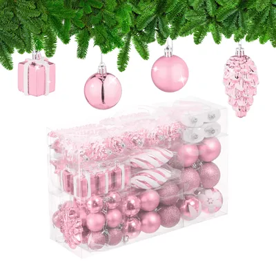 Produktbild von Relaxdays Weihnachtskugeln 72er Set, glitzernde, matte & glänzende Baumkugeln, Stiefel, Herz & Zapfen, Kunststoff, rosa
