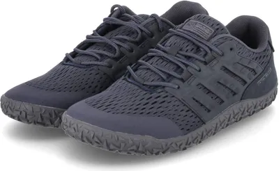 A pair of dark blue athletic shoes with a mesh upper and a textured sole, presented on a white background.