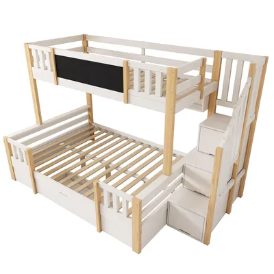 Produktbild von Flieks Etagenbett 90x200cm/140x200cm, Kinderbett Hausbett mit Kreidetafel, Hochbett mit Treppe und Schubladen, Stockbett für 2 Kinder, Naturbelassen