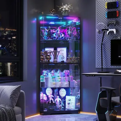 Productafbeelding van Vitrinekast 164 cm, zwart, met RGB-verlichting, 4 etages, glazen vitrinekast