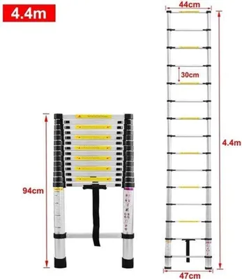 Obrázek produktu pro Teleskopická žebřík 4,4 metru - 15 příček - Hliník - Skládací - Lehká - Vhodná pro použití v interiéru i exteriéru