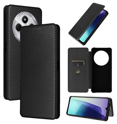 Image de Coque de protection hybride en fibre de carbone pour Xiaomi Redmi 14C, modèle à rabat, couleur noire
