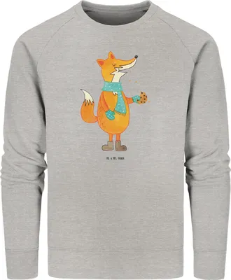 Produktbild von Mr. & Mrs. Panda Rundhals Pullover Fuchs Keks Größe S - Heather Grey - Geschenk, Frieren, Weihnachtlich, Sweater, Baumwoll Sweatshirt, Liebe, Kekse, Pulli, Weihnachten