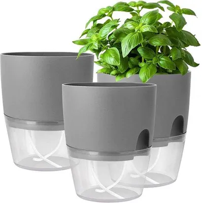 Produktbild von Selbstwassende Kräuterpflanze Küchen-Set - Fensterbank-Kräutergarten - Set aus 3 - 182 x 11 x 153 cm - graue Pflanztöpfe für frische Küchenkräuter