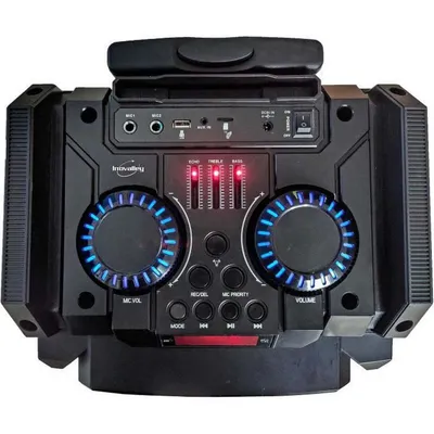 A black portable Bluetooth speaker with blue LED lights and various controls.