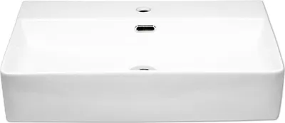 A white ceramic rectangular sink is shown from a front-facing, slightly elevated angle against a white background.