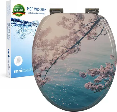 Produktbild von sanicomfort WC Sitz Cherry Blossom, MDF Holzkern, mit Absenkautomatik, Toilettensitz mit Klodecken, Klobrille und Deckel, verchromte Metallscharniere, einfache Montage