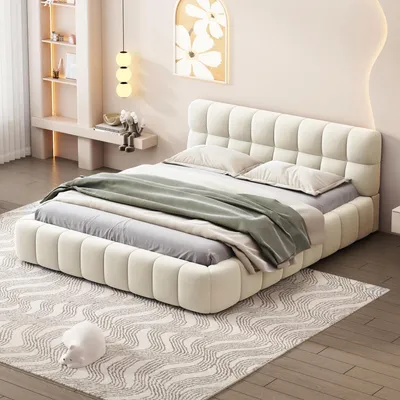 Immagine prodotto di Letto imbottito 140x200 cm con rete a doghe, letto matrimoniale con testiera imbottita, struttura in lino color beige