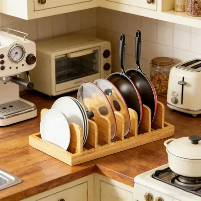 Produktbild von Stabiles Holzregal für Töpfe und Pfannen mit perforiertem Boden und rutschfestem Stand