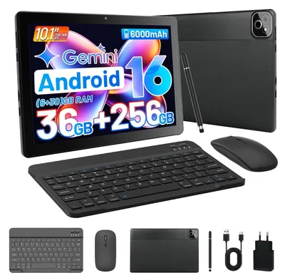Obrázek produktu pro 10palcový tablet s IPS displejem, Android 16, osmijádrový procesor 2,0 GHz, 36 (6 + 30) GB RAM, 256 GB ROM, rozlišení 1280 × 800, baterie 6000 mAh, Wi-Fi 6, Gemini AI