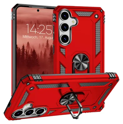 A red phone case with a ring holder is shown from multiple angles against a white background.
