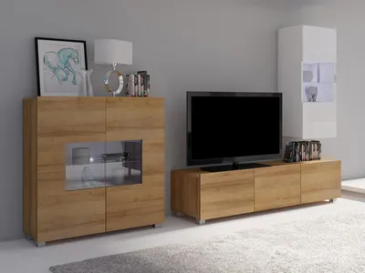 Produktbild von Wohnzimmer-Set CALABRINI-7 Wohnwand Hängewohnwand Schrankwand mit LED-Beleuchtung TV-Schrank Vitrine Kommode Anbauwand Hochglanz (Eiche Gold + Weiß)