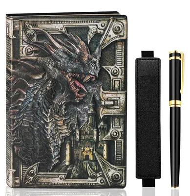 Immagine prodotto di Quaderno vintage con decorazione a forma di drago, formato A5, copertina rigida, completo di penna a sfera e astuccio