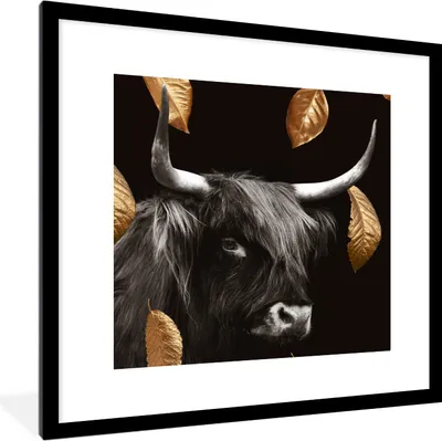 Produktbild von MuchoWow® Gerahmtes Poster Schottischer Highlander - Gold - Schwarz - Weiß 40x40 cm - Poster mit Schwarzem Bilderrahmen Wandposter Rahmen Foto Bilder - Poster - Plakat im Rahmen