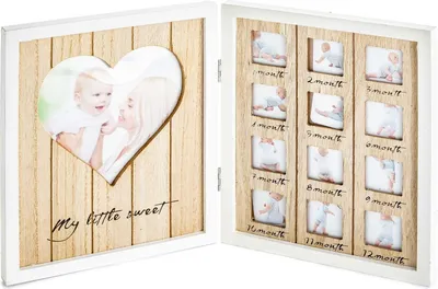 A white wooden photo frame opened to display a large heart-shaped photo on the left and twelve small monthly photos on the right.