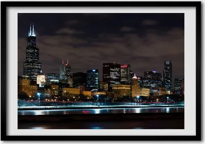 Produktbild von Bild - Bilderrahmen - 100 cm x 70 cm - MDF - Rahmen - Foto - Wandkunst Chicago in der Nacht