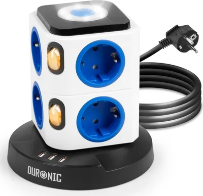 Produktbild von Duronic ET8L Mehrfachsteckdose | Steckdosenwürfel mit 3 USB Ports und Touch-sensitives Nachtlicht | 8-Fach Steckdose 3680W 16A | Steckdosenleiste mit Überspannungsschutz | Steckerturm mit 1,8 m Kabel