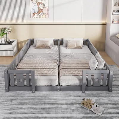 Produktbild von REMZETTA Kinderbett 90x200 cm Familienbett mit Geländer, 2 Schlafplätzen, Ohne Lattenrost, Grau