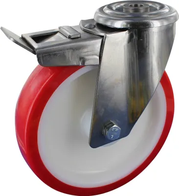 Produktbild von Edelstahlrollen Lenkrolle mit Feststeller Ø125mm Polyurethan Rückenloch