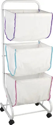 A white laundry hamper with three tiers, each with a different colored trim.
