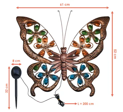 Image de Tableau mural solaire Papillon en bronze avec 24 LED - 61 x 52 cm - Décoration murale métallique pour l'extérieur, éclairage blanc chaud