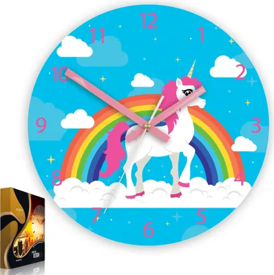 Produktbild von ModernClock, Wanduhr, Wanduhr für Kinder, Einhorn mit Regenbogen, stille Wanduhr, 30 cm