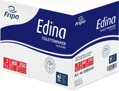 Produktbild von fripa Toilettenpapier Edina, 3-lagig, hochweiß, mit Dekorprägung, 250 Blatt/Rolle, 60 Rollen/Packung