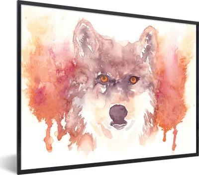 Produktbild von MuchoWow® Gerahmtes Poster Wolf - Aquarell - Weiß 80x60 cm - Poster mit Schwarzem Bilderrahmen Wandposter Rahmen Foto Bilder - Schwarzem - Mit Gestell