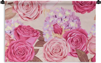 Produktbild von MuchoWow® Wandteppich Wandbehang Rosen - Hortensien - Blumen - Rosa 90x60 cm Tapisserie Dekoration Wandtuch - Wandskulpturen - Bildteppich