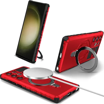 Obrázek produktu pro Pouzdro pro Samsung Galaxy S23 Ultra magnetické s MagSafe, držák prstenu, stojánek, dvouvrstvé ochranné pouzdro červené