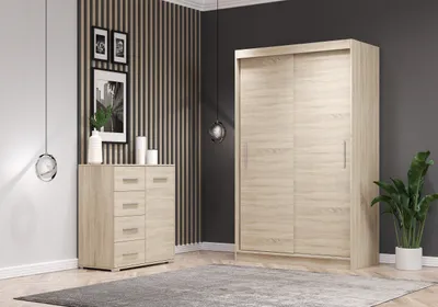 Produktbild von 2er-Set Schwebetürenschrank Schrank Kleiderschrank Sonoma/Sonoma 120cm Neomi 06 mit Kommode 90cm FRIDA MINI 01