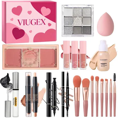 Produktbild von All In One Make Up Set für Damen und Teenager Mädchen | Geschenk Set mit Lidschatten, Foundation, Rouge, Lipgloss, Mascara, Eyeliner