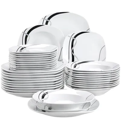 Zdjęcie produktu dla Ceramiczny zestaw naczyń, elegancki wzór w paski, różne rozmiary talerzy, 36 SZTUK