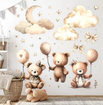 Produktbild von Teddybären und Luftballons – Wandgestaltung – Wandbilder Kinder – Motivtapeten Set – Wanddekor Kinderzimmer – Selbstklebende Wandsticker – 100x148 cm