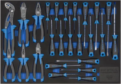 A neatly organized set of tools, including pliers and screwdrivers, laid out in a black foam insert.