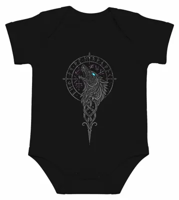 Imagen del producto de Body para bebé, color , con motivos vikingos: lobo, Fenrir, Vegvisir (brújula), runas, Valhalla, Odín. Talla: 3/6 meses