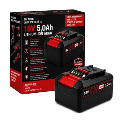 Produktbild von 18V 5.0Ah Akku kompatibel mit Einhell Power X-Change – Li-Ion Hochleistungsakku mit LED Ladezustandsanzeige – Ersatzakku für PXC Elektrowerkzeuge