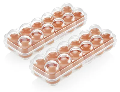 Two clear plastic egg cartons, each holding 12 brown eggs, are shown against a white background.