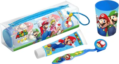 Produktbild von Reise Zahnpflegeset Super Mario 4 teilig komplette Mundhygiene Zahnbürste Zahnpasta Becher Tasche