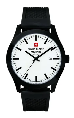 A studio shot of a black and white Swiss Alpine Military watch.
