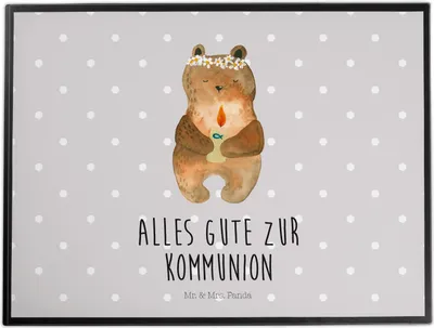 Produktbild von Mr. & Mrs. Panda Schreibunterlage Bär Kommunion - Grau Pastell - Geschenk, Gottes Segen, Katholisch, Tischunterlage, Unterlage Schreibtisch, malunterlage, Teddy
