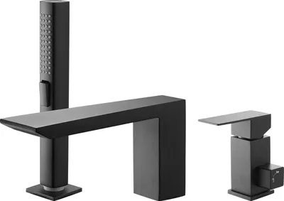 A black matte finish bathtub faucet with a handheld showerhead.