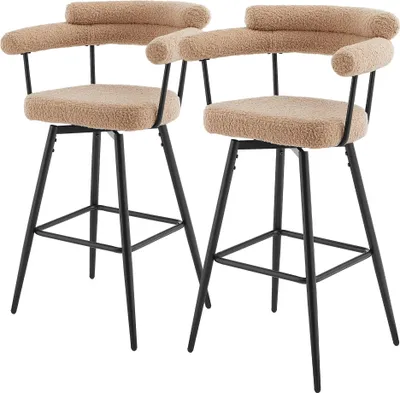 Zdjęcie produktu dla ML-Design Stołki barowe obrotowe, zestaw 2 sztuki, brązowy materiał pluszowy, wysokość 76 cm Stołki barowe Krzesła kuchenne z podłokietnikami i oparciem Krzesło obrotowe 360° nowoczesne z podnóżkiem