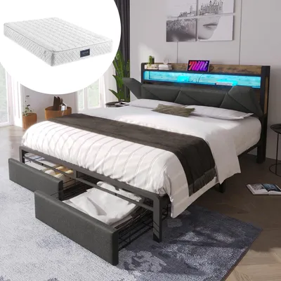 Immagine prodotto di Letto imbottito Letto matrimoniale 160x 200 Letto contenitore Struttura letto con doghe in metallo, grigioCon materasso