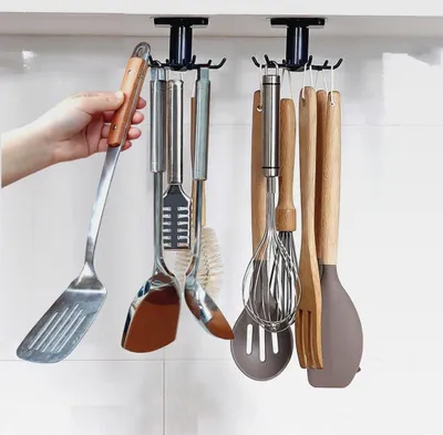 Produktbild von 2 Stücke 360° drehbarer Hakenleiste für Küchenutensilien,Küchenutensilienhalter mit 6 Haken,kein Bohren Küchenhaken, für Küche/Bad/Garderobe (Schwarz).